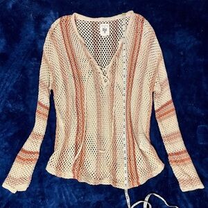 L Billabong Orange striped long sleeve crochet boho coverup shirt